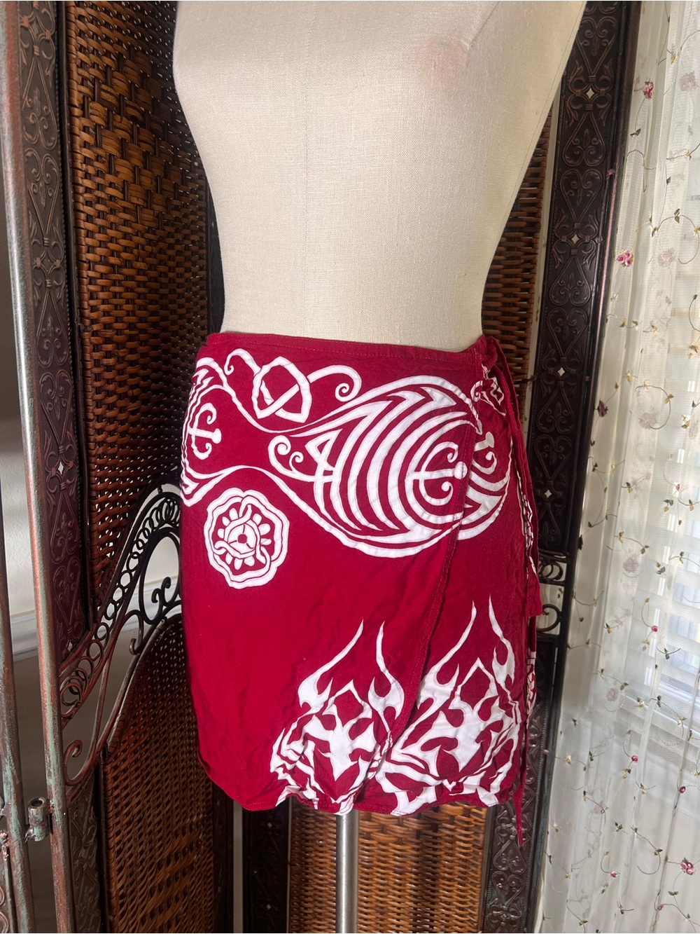 Women's Red Tribal-Print Wrap Sarong Swim Cover-Up - Adjustable Tie